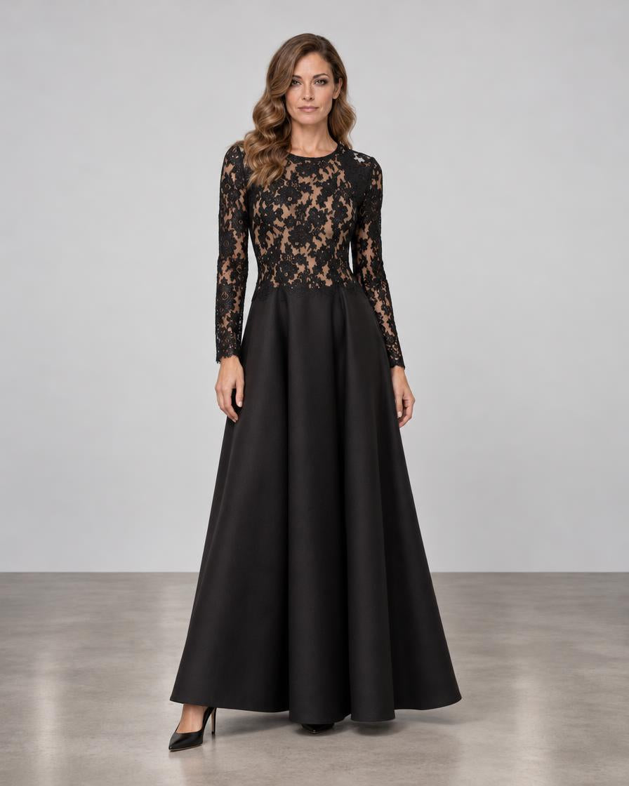 Corded Lace with Silk & Wool Halter Gown with Matching Jacket - Black