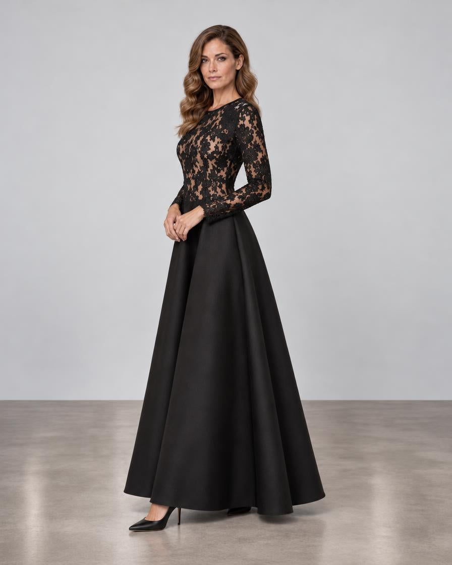 Corded Lace with Silk & Wool Halter Gown with Matching Jacket - Black