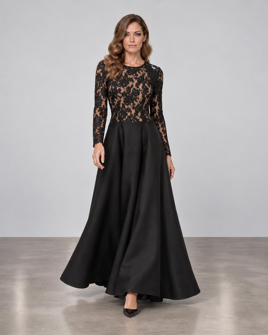 Corded Lace with Silk & Wool Halter Gown with Matching Jacket - Black