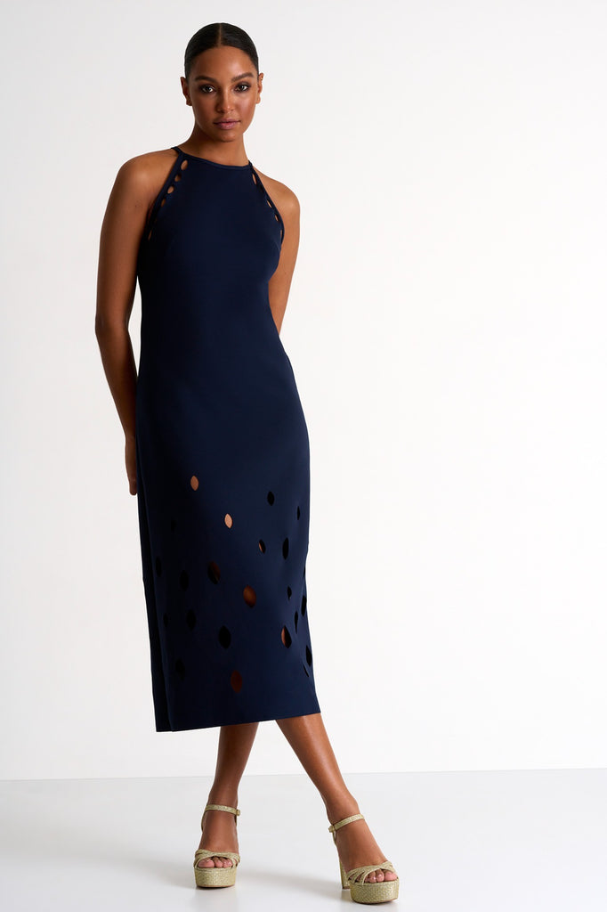 Charlie Rose Halter Midi Dress with Oval Cutouts