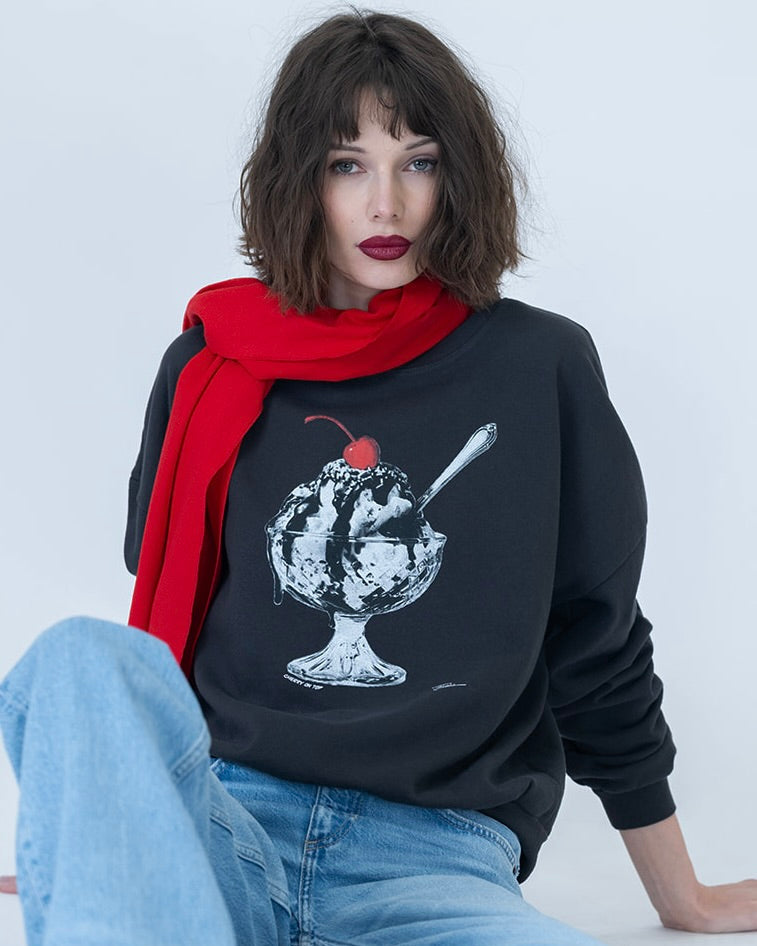 Cherry on Top Cozy Sweatshirt - Worn Black