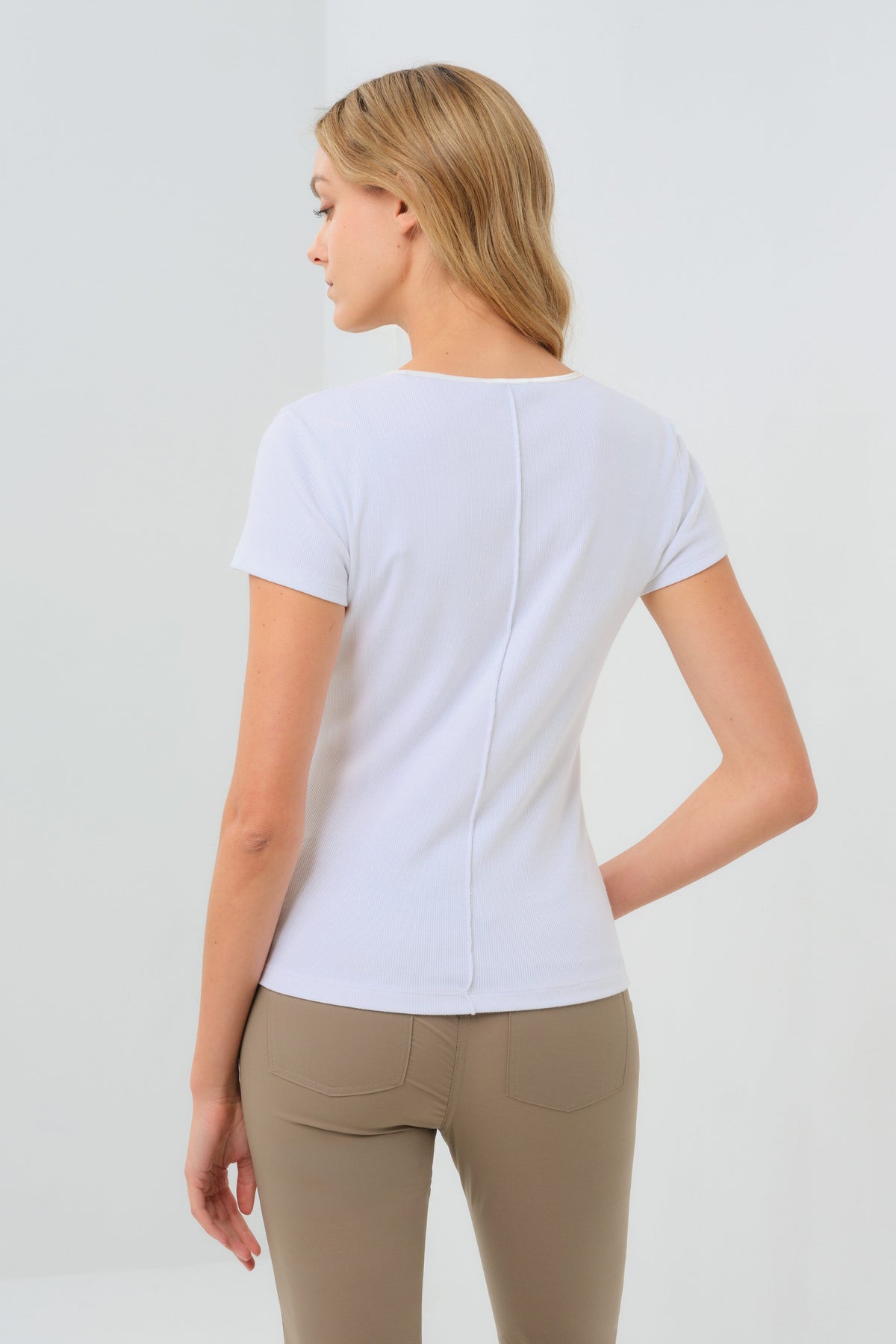 Short Sleeve Celeste Rib Top with Seam Shaping - White