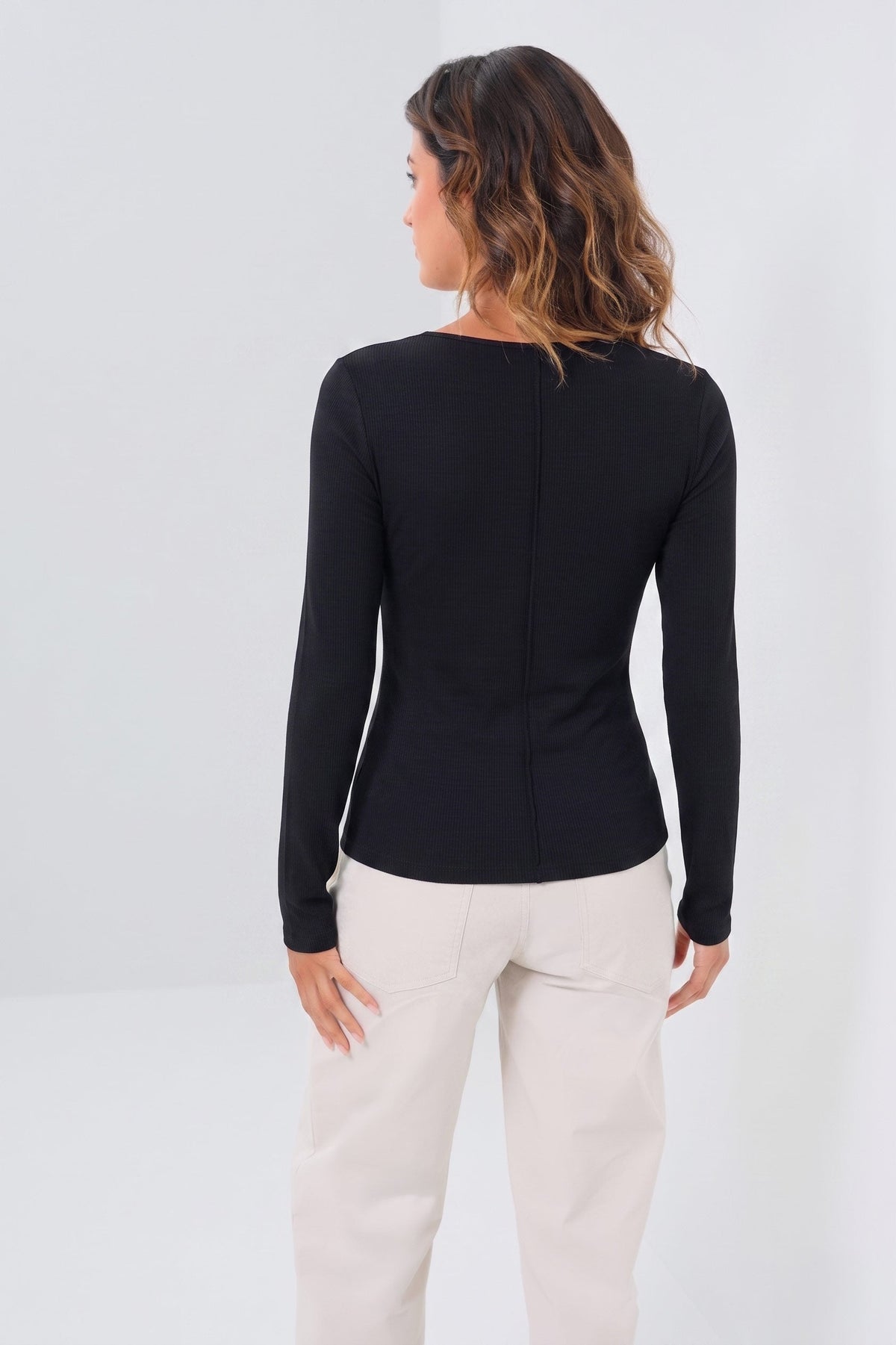 Long Sleeve Celeste Rib Top with Seam Shaping - Black