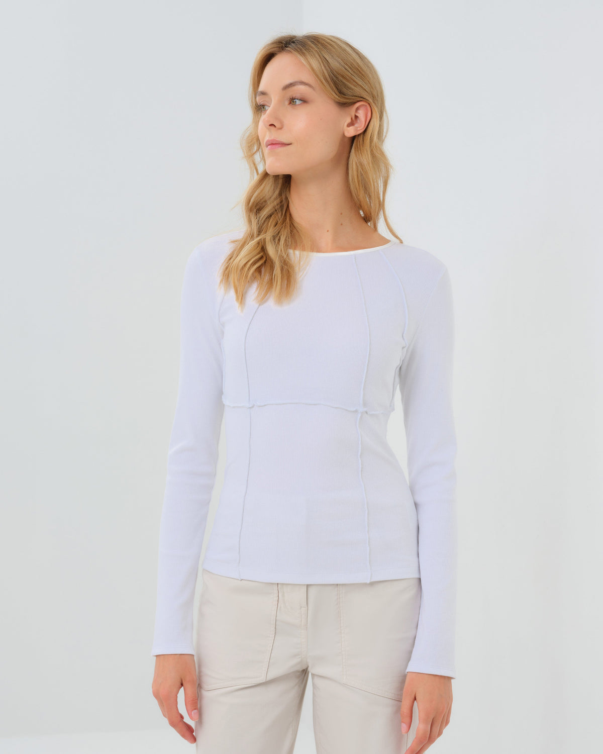 Long Sleeve Celeste Rib Top with Seam Shaping - White