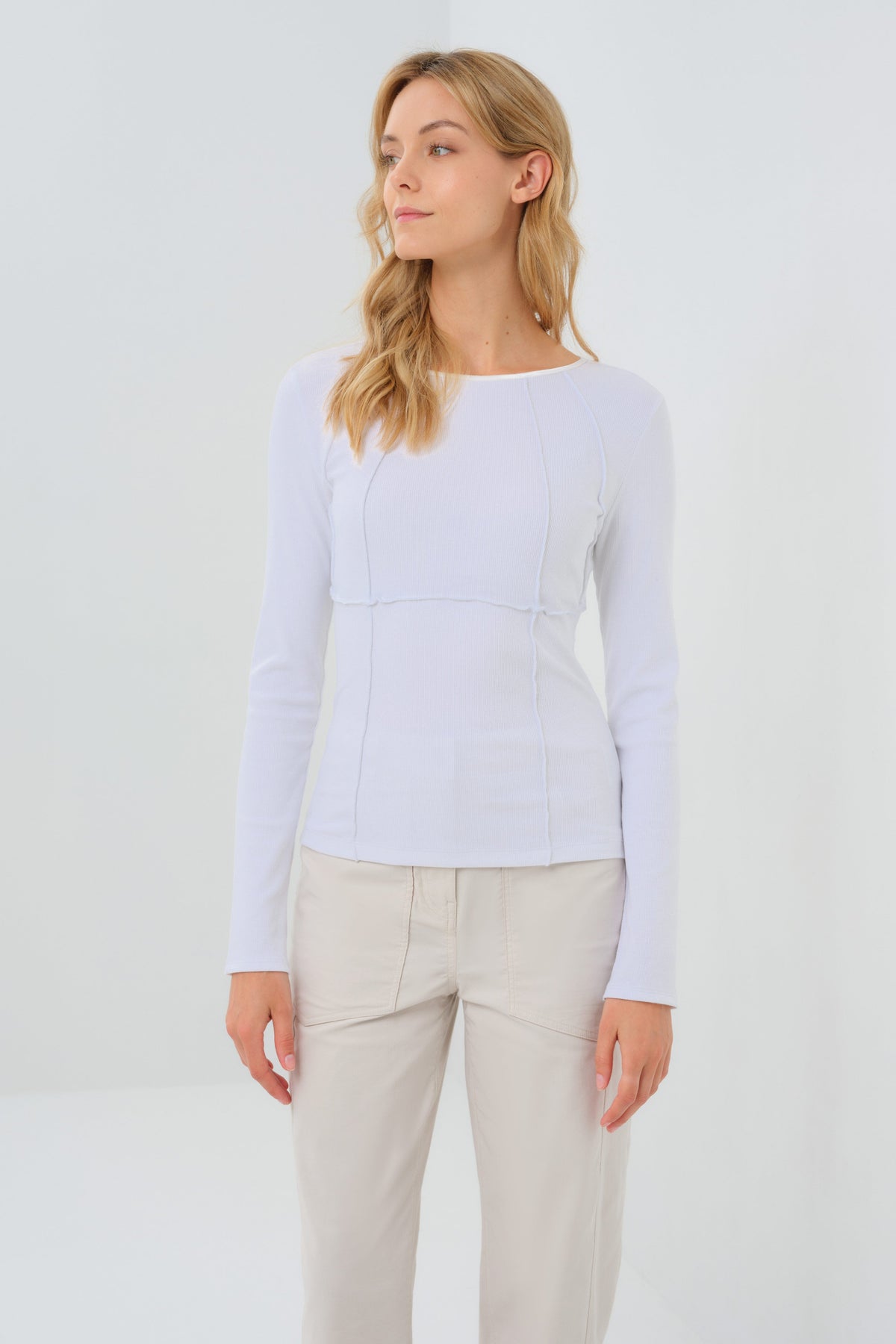 Long Sleeve Celeste Rib Top with Seam Shaping - White