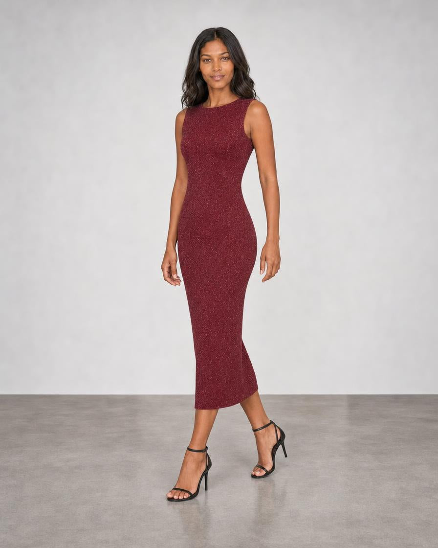 A woman modeling a sleeveless, bodycon midi dress in a textured burgundy fabric, paired with black strappy high-heeled sandals, set against a neutral gray studio background.