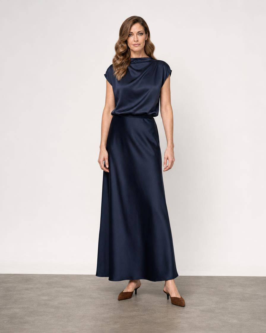 Satin Pleated Top - Navy