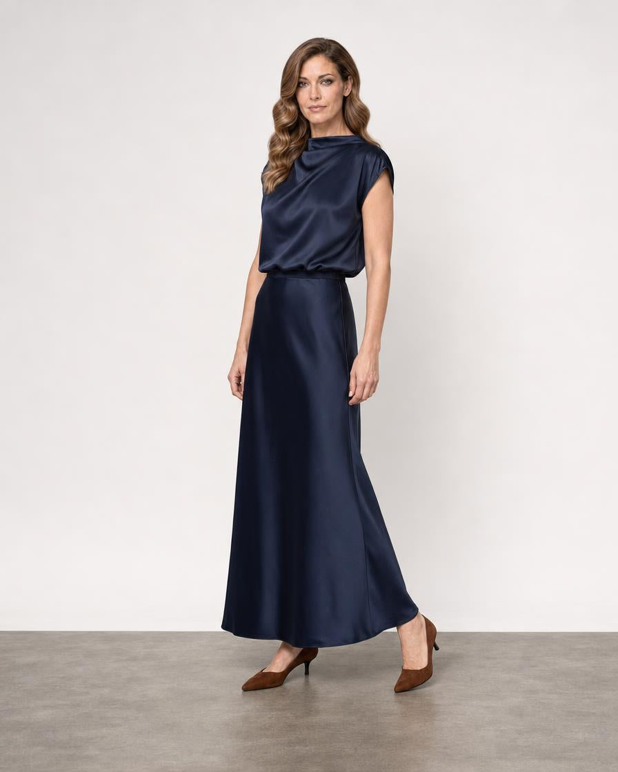 Satin Pleated Top - Navy