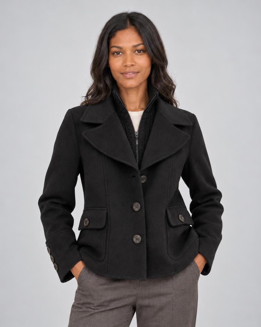 Knit Insert Notch Collar Coat - Black