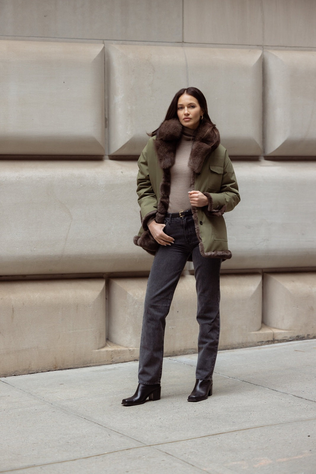 Reversible Water Proof Cotton to Fox Coat in Army