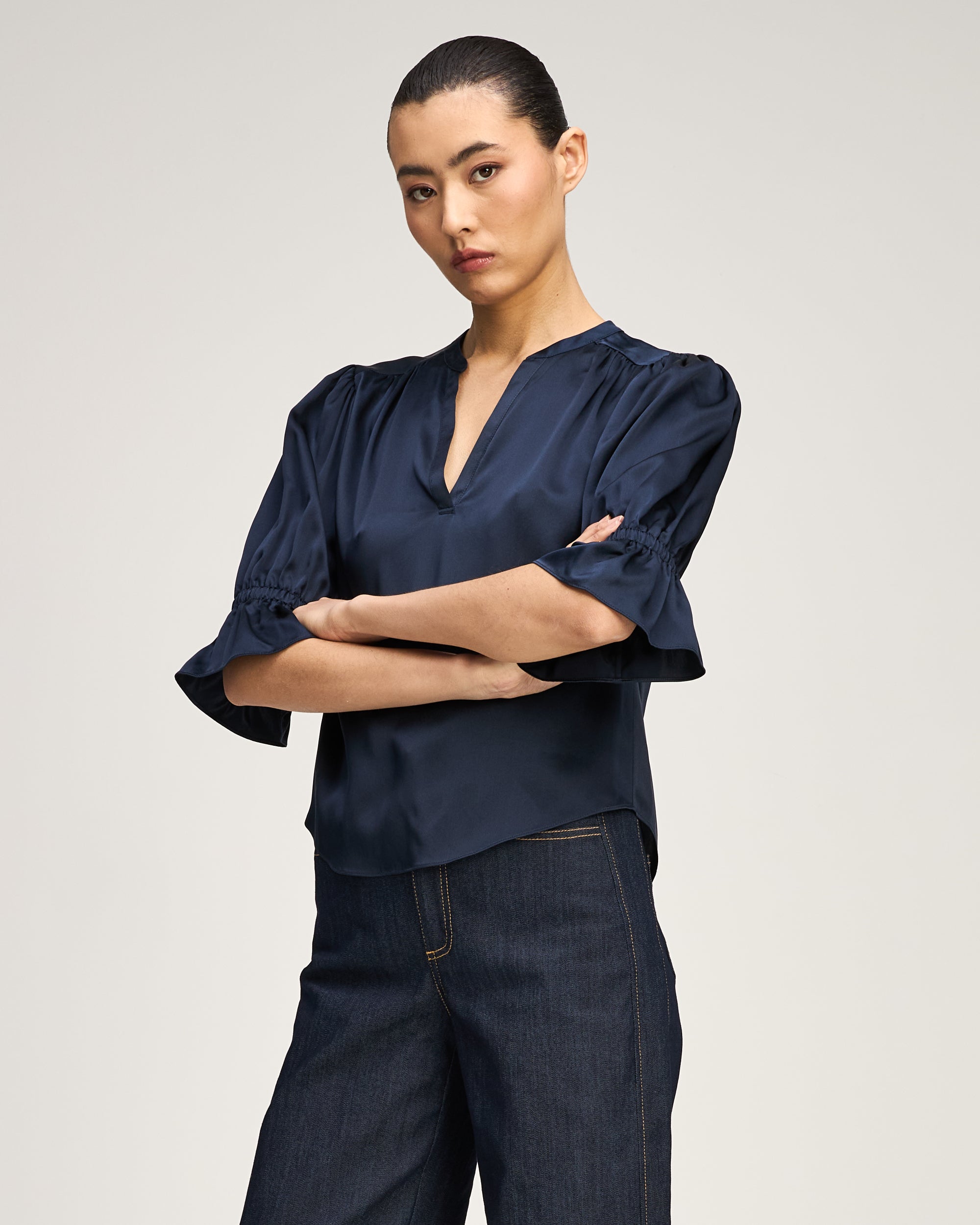 Split Neck Fiona Top - Navy