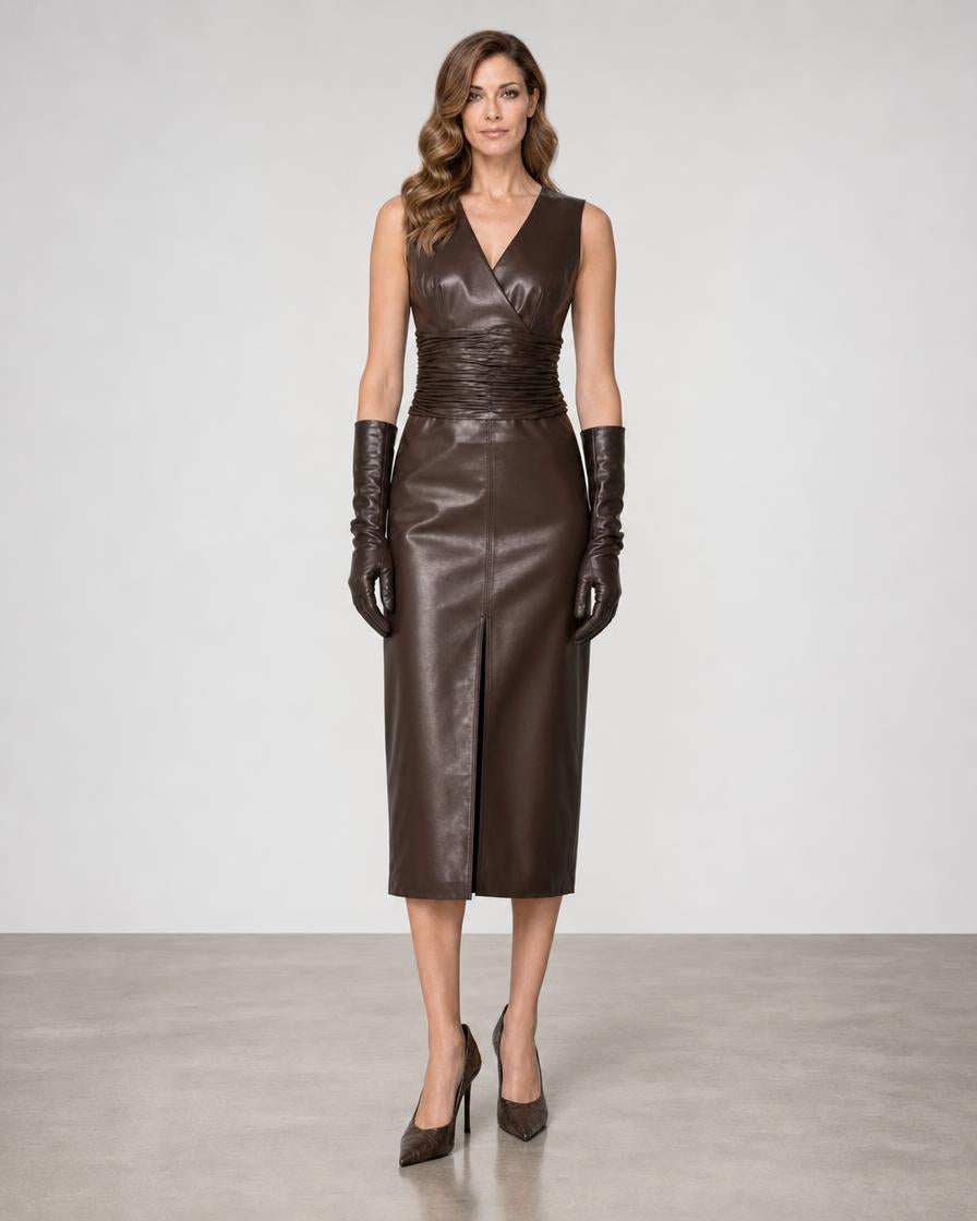 Fabiana V Neck Ruched Midi Dress - Espresso