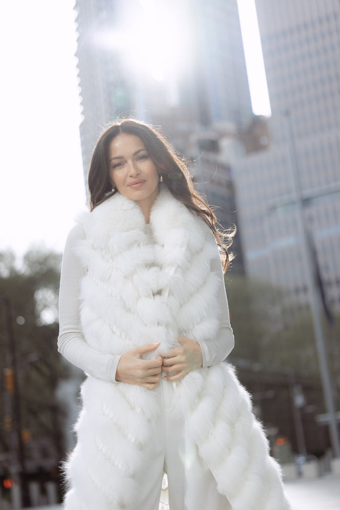 Silk Reversible Long Fur Vest in Arctic White