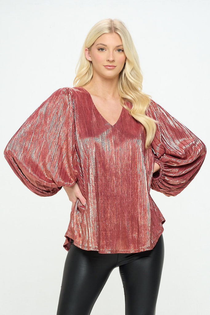 Pleated with Foil V Neck Bubble Sleeve Top w/ Lining