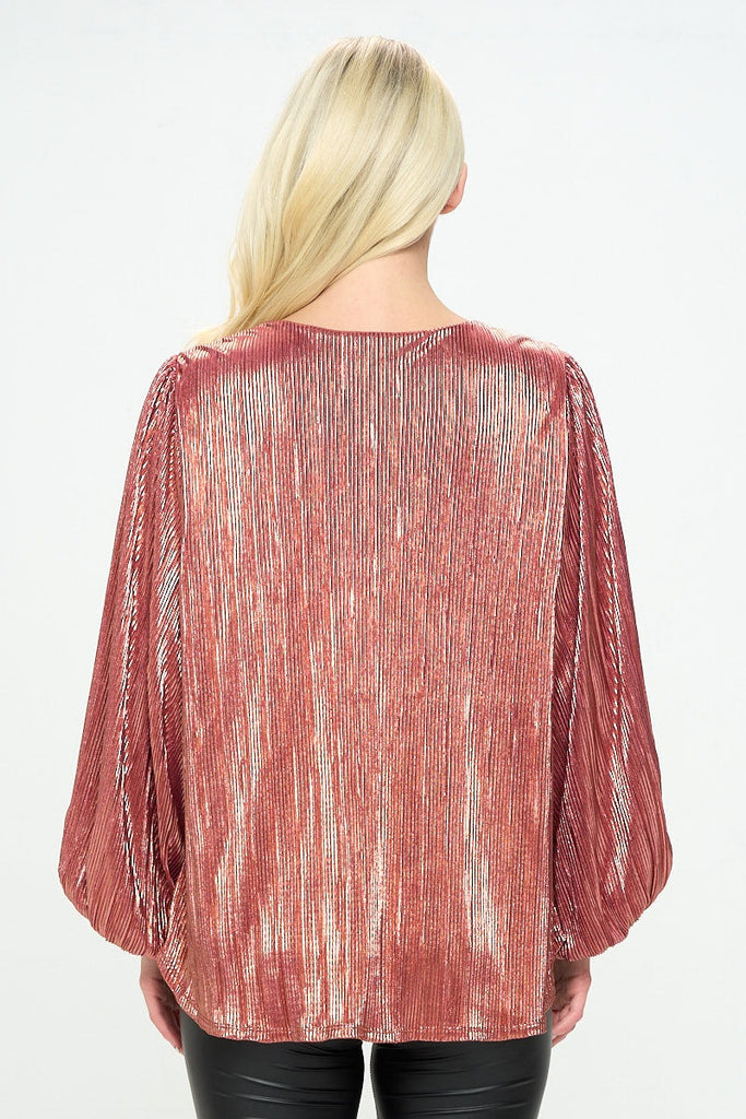 Pleated with Foil V Neck Bubble Sleeve Top w/ Lining