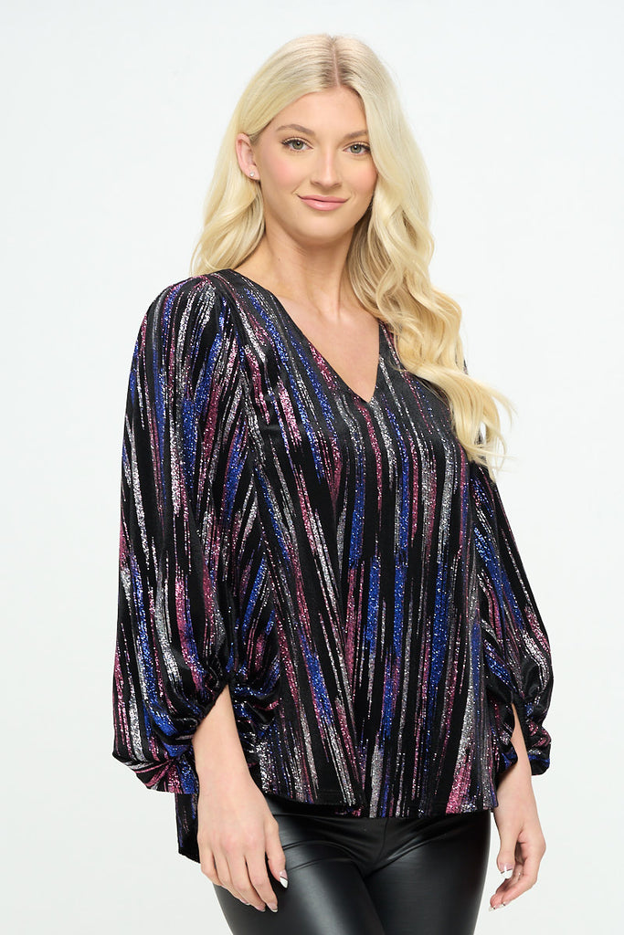 Velvet Abstract V Neck Bubble Sleeve Top with Lining