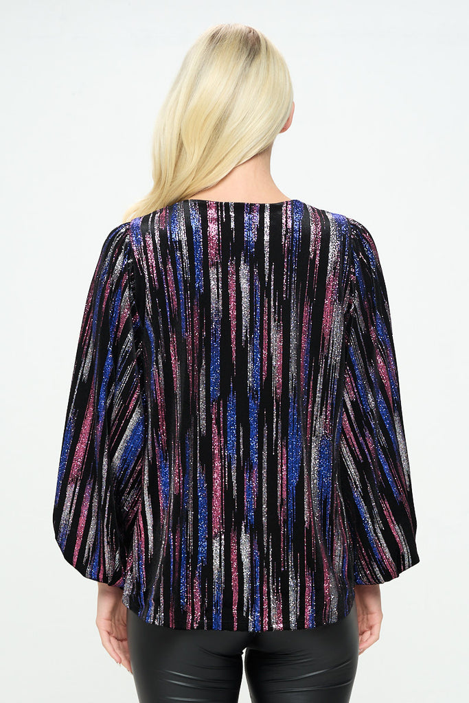 Velvet Abstract V Neck Bubble Sleeve Top with Lining