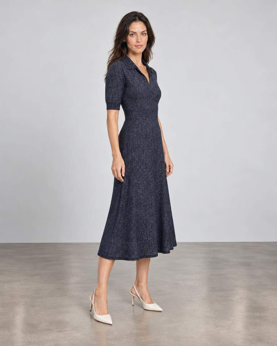 D.Exterior Polo Collar Knit Midi Dress - Blue