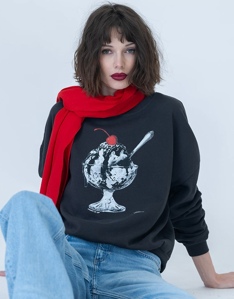 Cherry on Top Cozy Sweatshirt - Worn Black