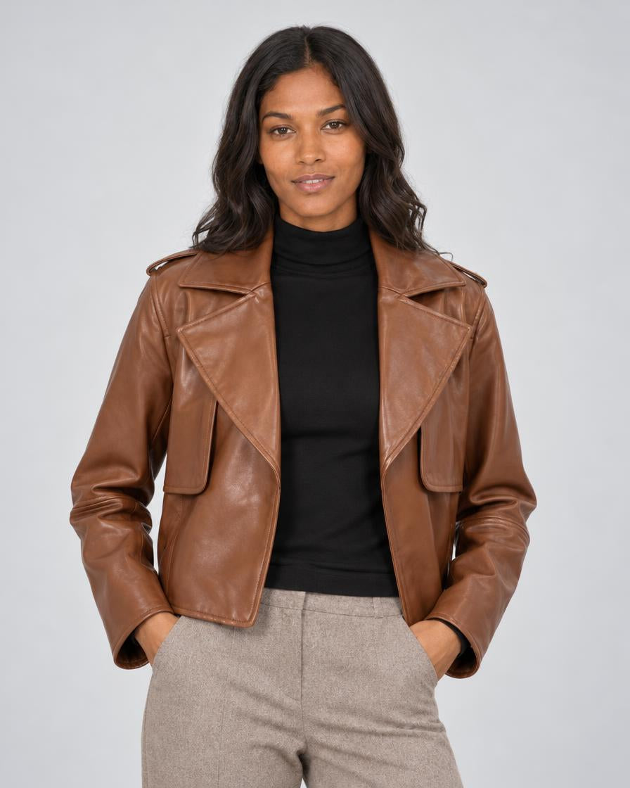 Camille Vegan Leather Jacket - Chestnut