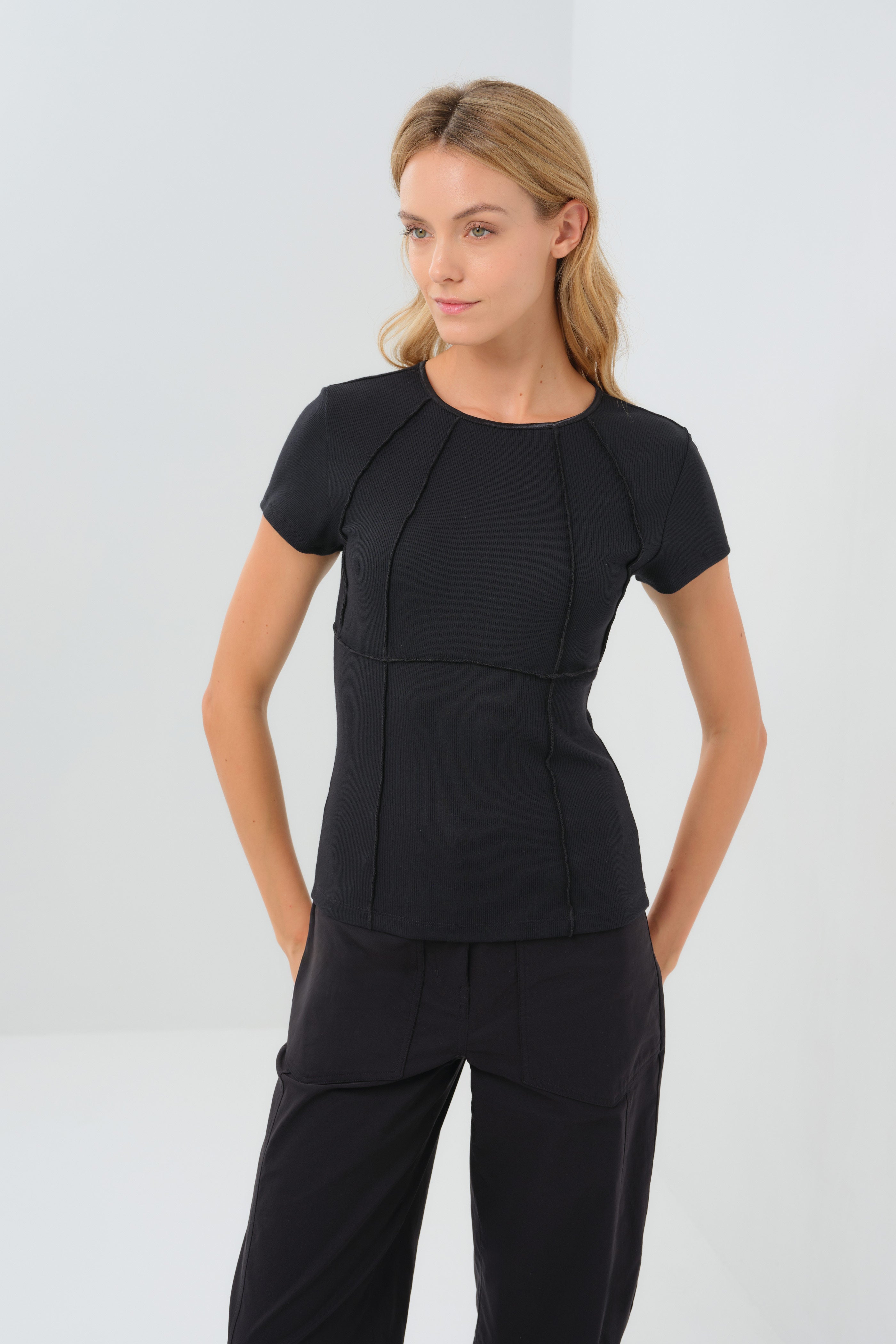 Short Sleeve Celeste Rib Top with Seam Shaping - Black