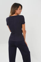 Short Sleeve Celeste Rib Top with Seam Shaping - Navy