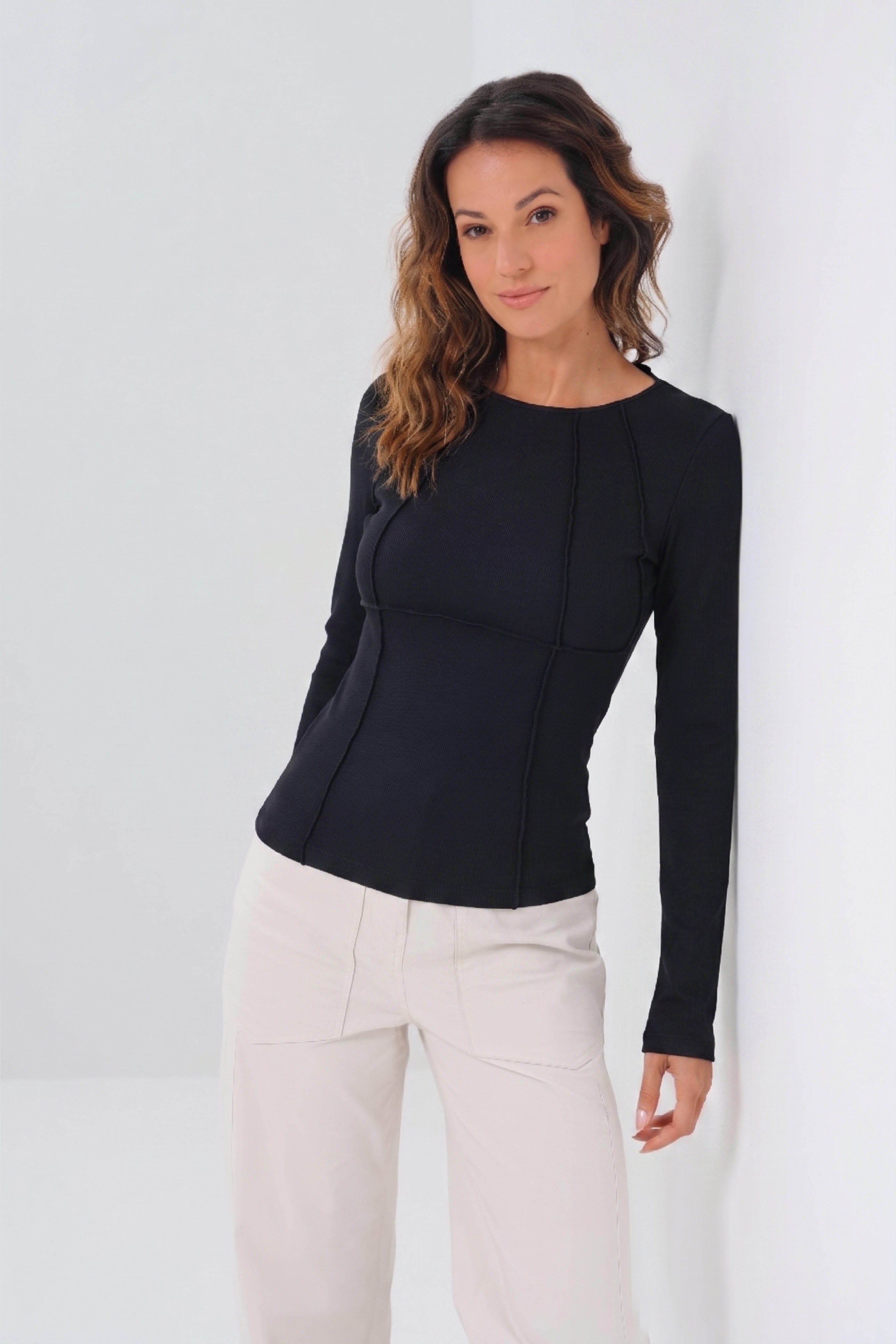 Long Sleeve Celeste Rib Top with Seam Shaping - Black