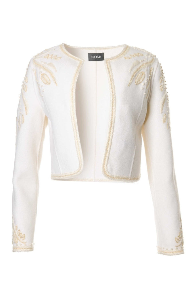 Embroidered Cropped Wool Jacket in Ivory