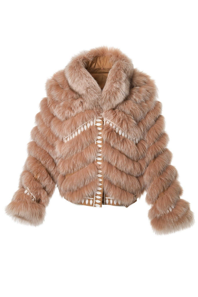 Silk Reversible Embroidered Fur Bomber in Vicuna Snowtop