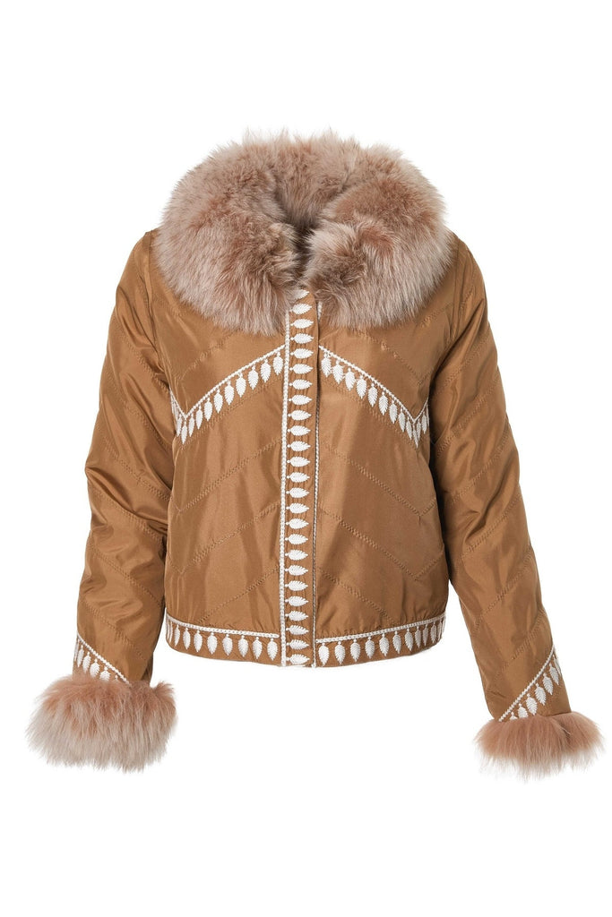 Silk Reversible Embroidered Fur Bomber in Vicuna Snowtop