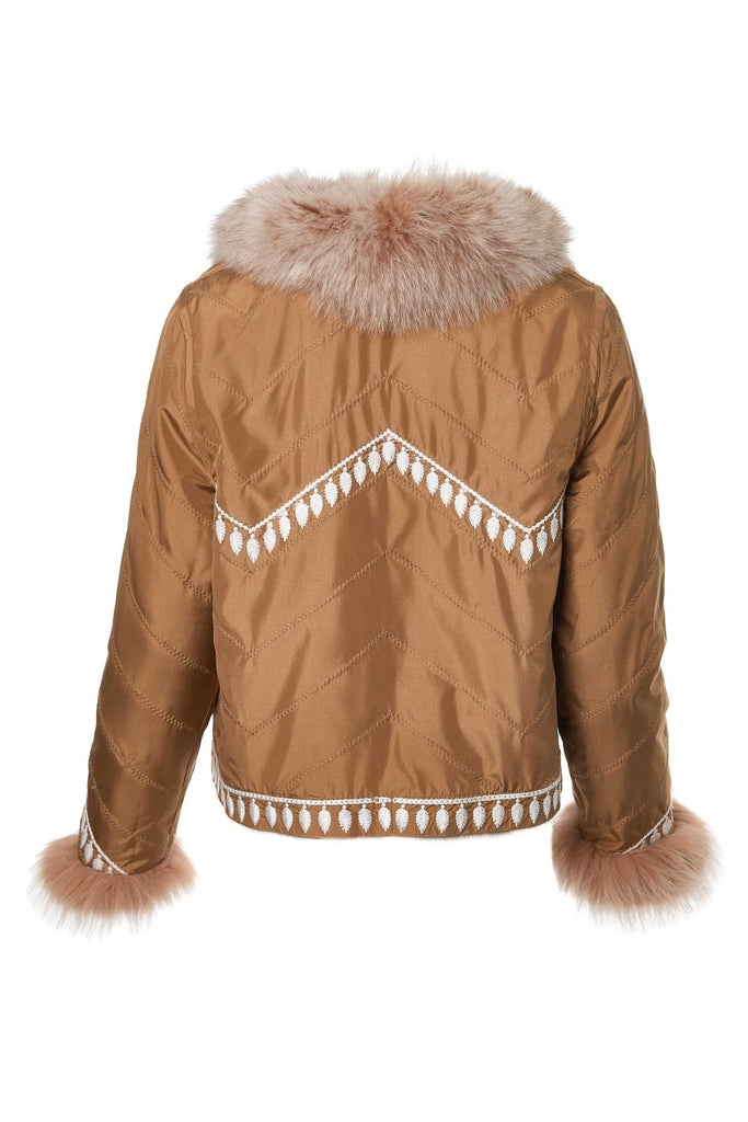 Silk Reversible Embroidered Fur Bomber in Vicuna Snowtop