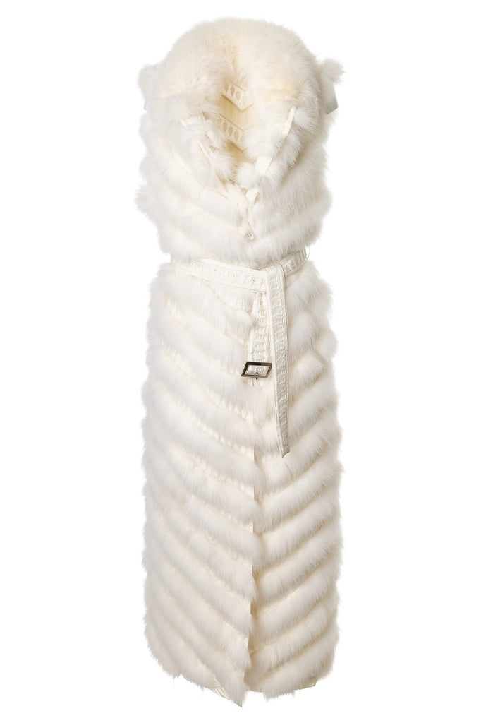 Silk Reversible Long Fur Vest in Arctic White