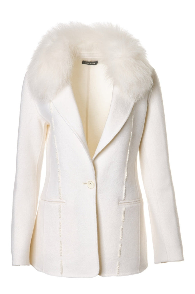 Double Face Wool Blazer With Fox Collar Ivory