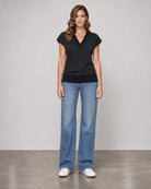 Matte Jersey V Neck Top with Rib - Black
