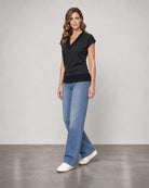 Matte Jersey V Neck Top with Rib - Black