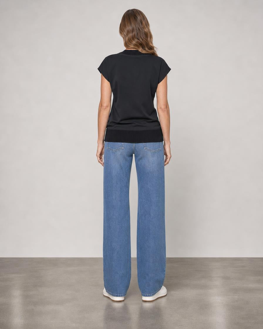 Matte Jersey V Neck Top with Rib - Black