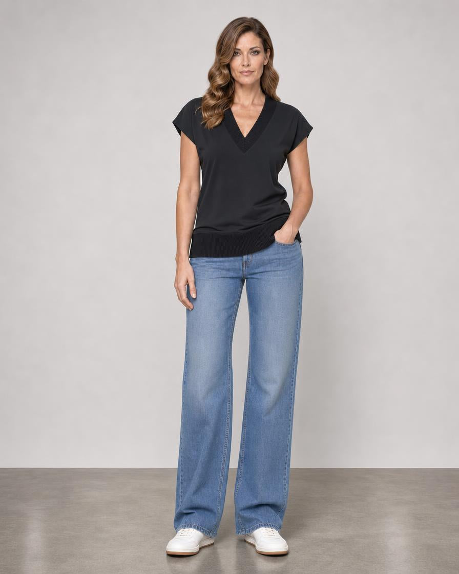 Matte Jersey V Neck Top with Rib - Black