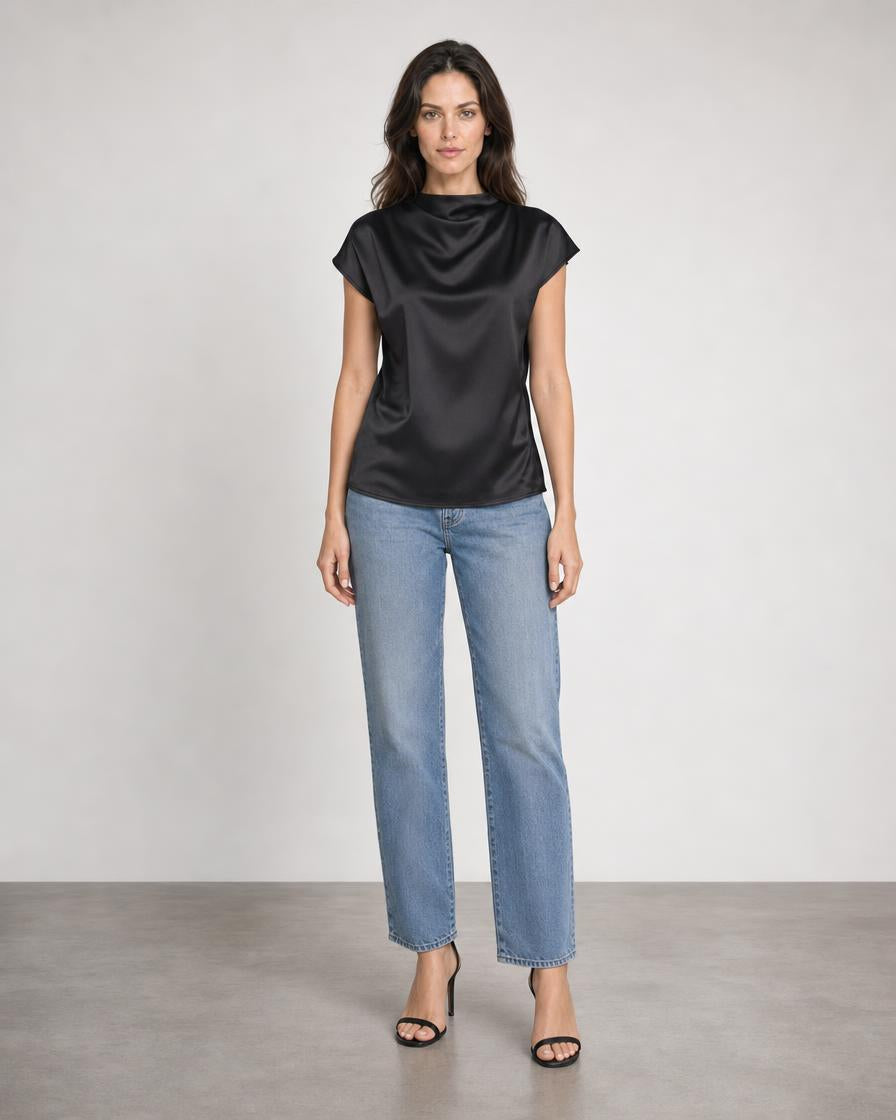 Satin Pleated Top - Black