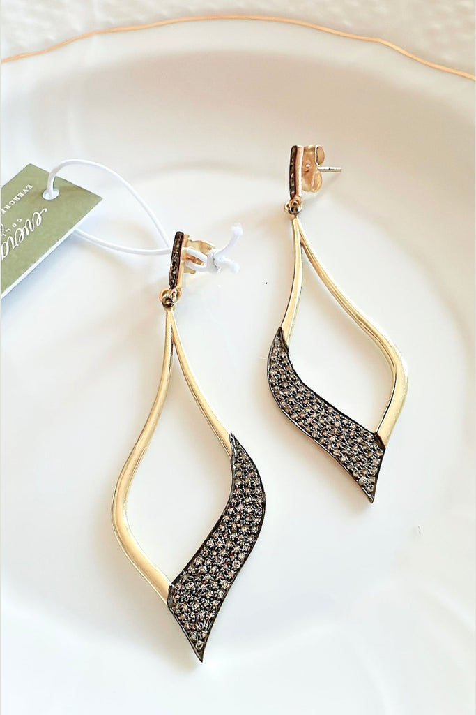 Pave Diamond Two Tone Drop Earrings