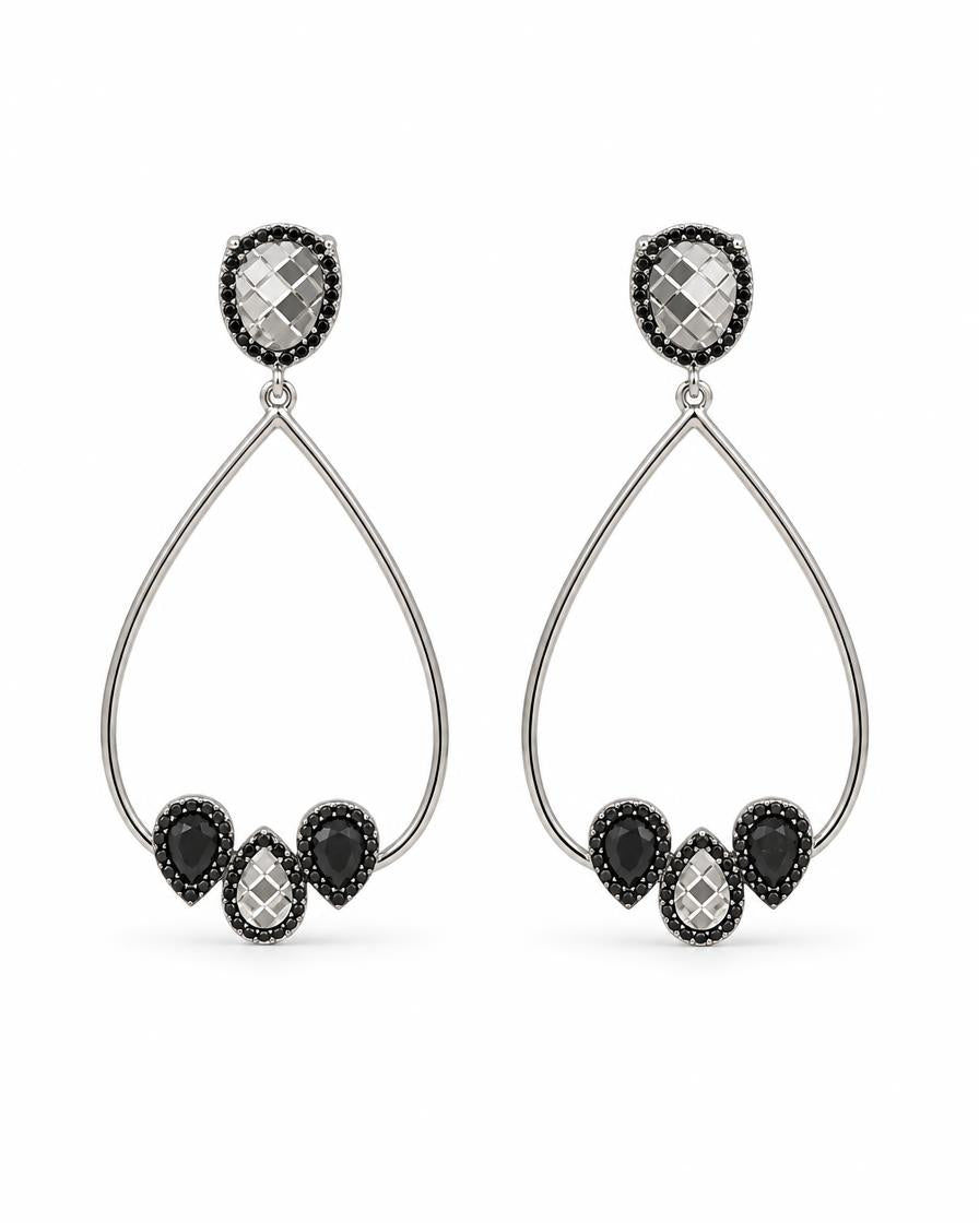 Teardrop Cluster Earring - Silver & Black