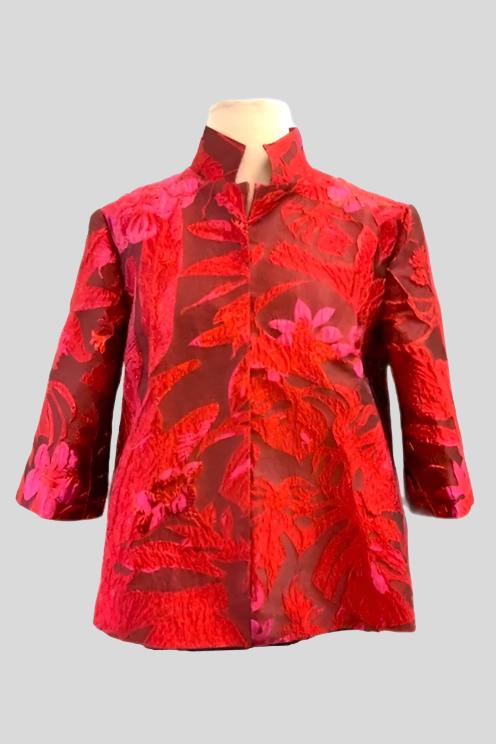 Short Mandarin Collar Red Floral Print