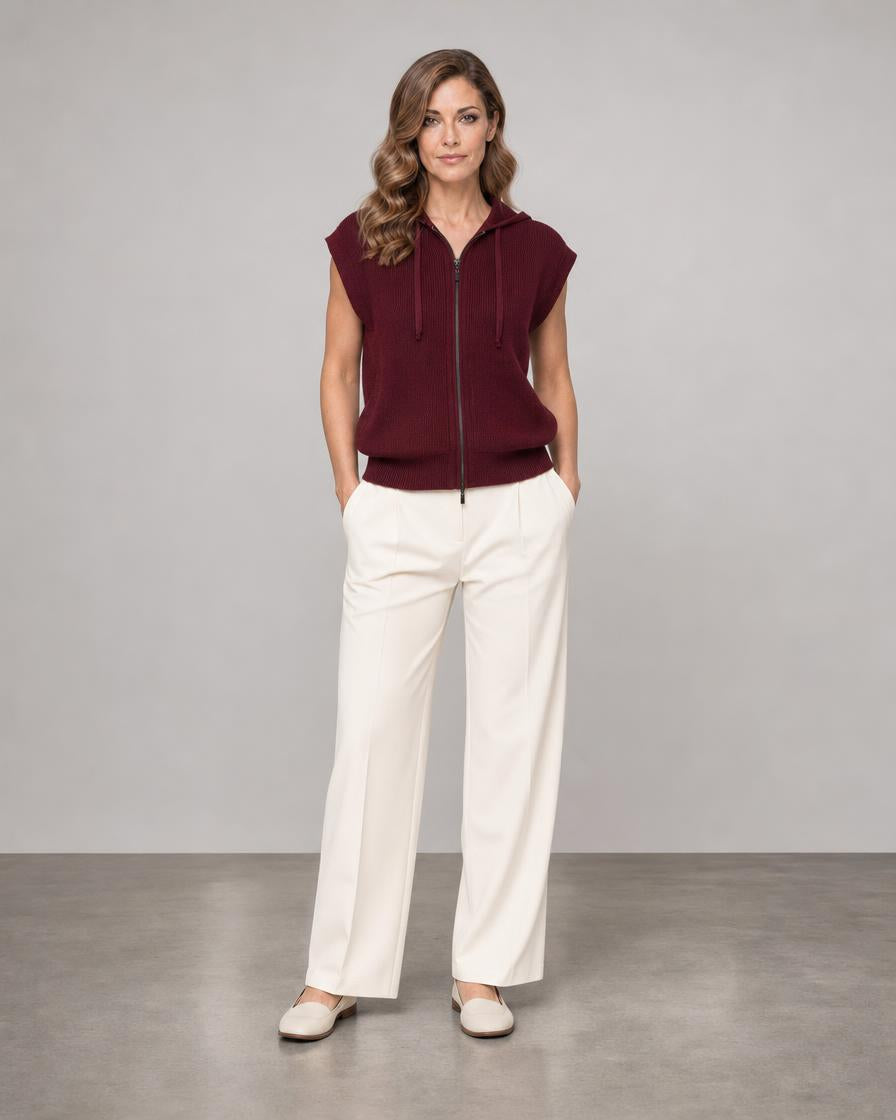 Sleeveless Rib Zip Hoodie - Cordovan