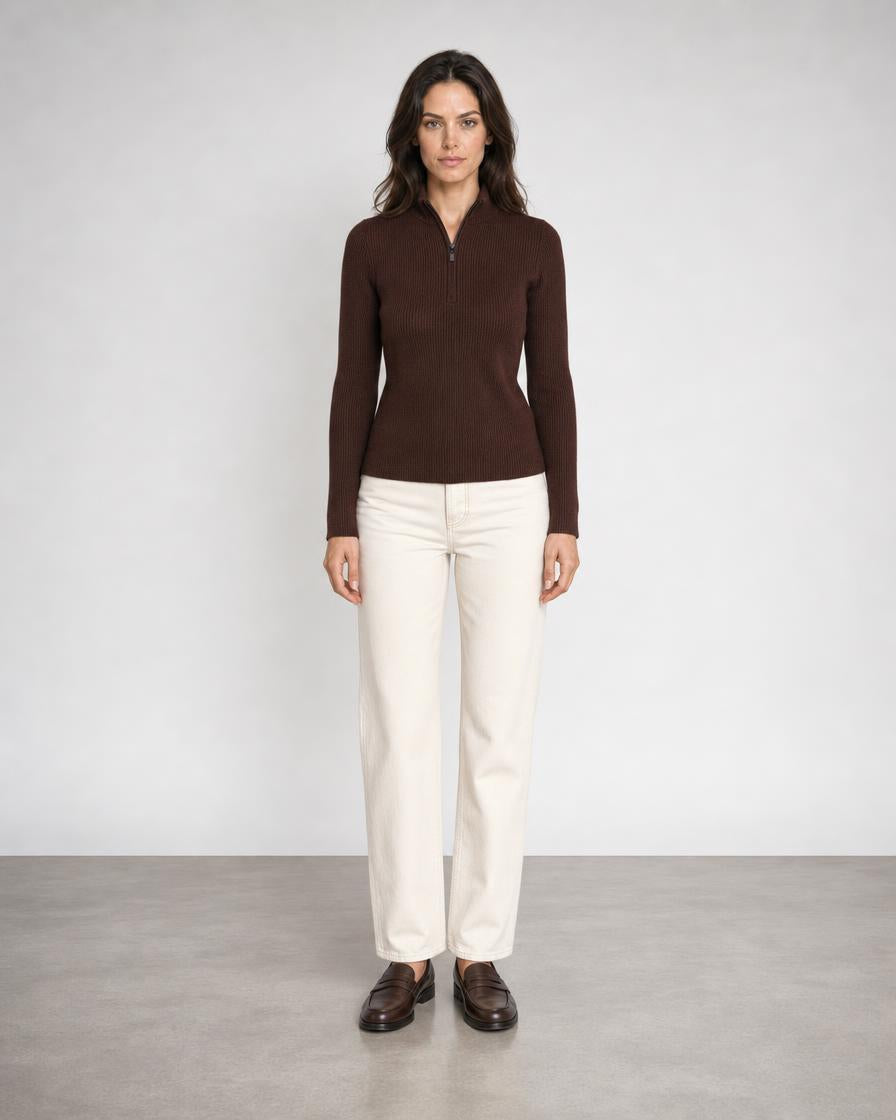 Rib Zip Mock - Chocolate