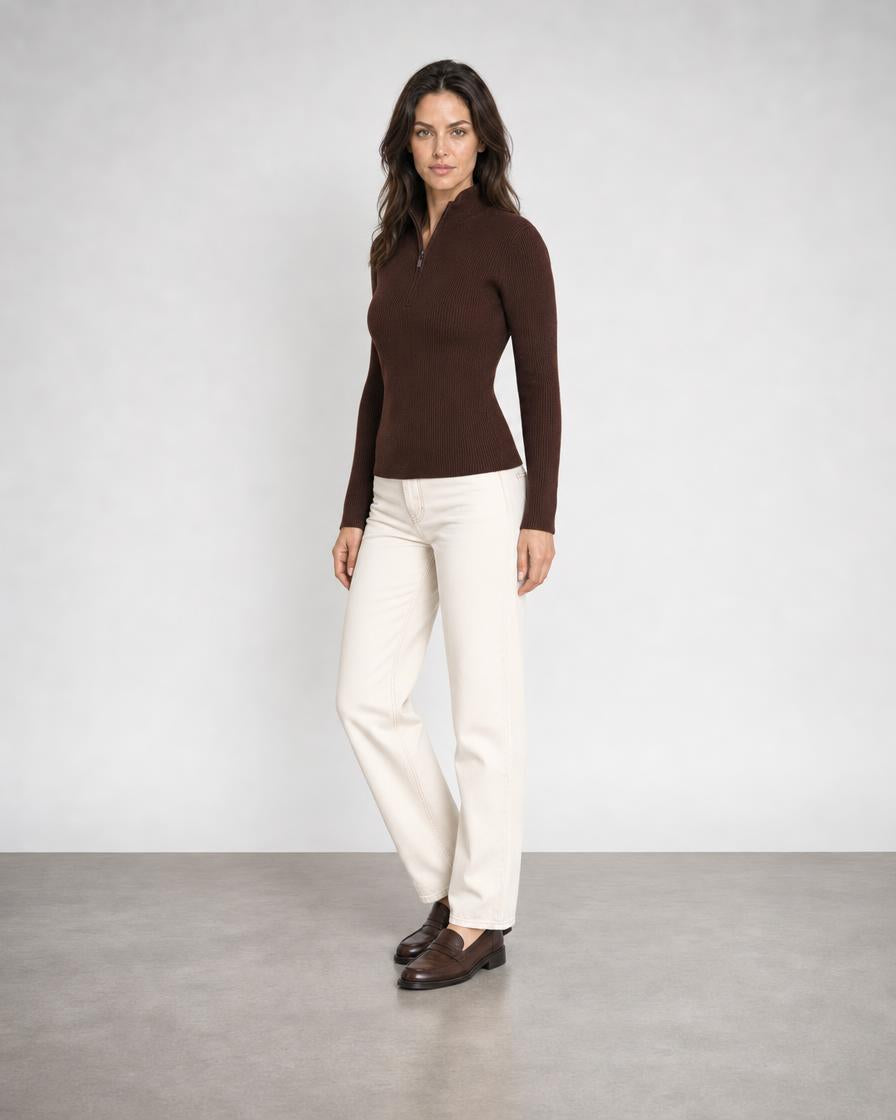 Rib Zip Mock - Chocolate
