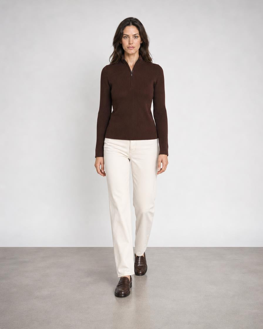Rib Zip Mock - Chocolate