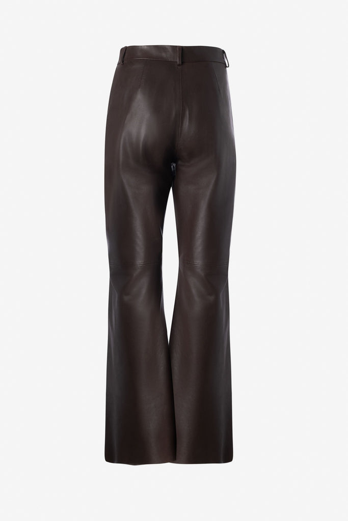 Straight leg leather trousers with cut at hem