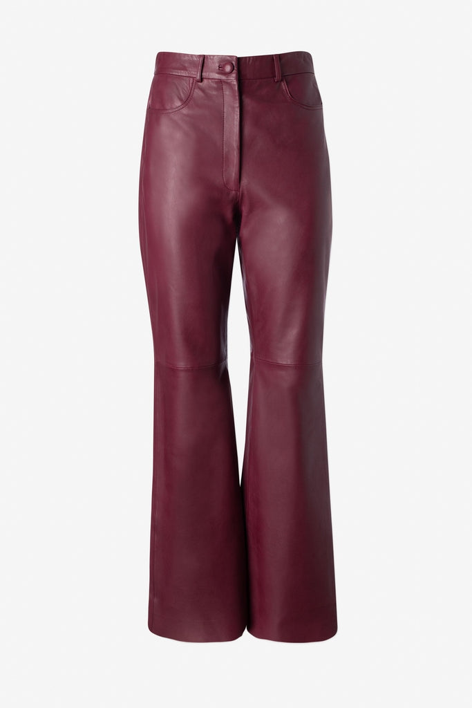 Straight leg leather trousers with cut at hem