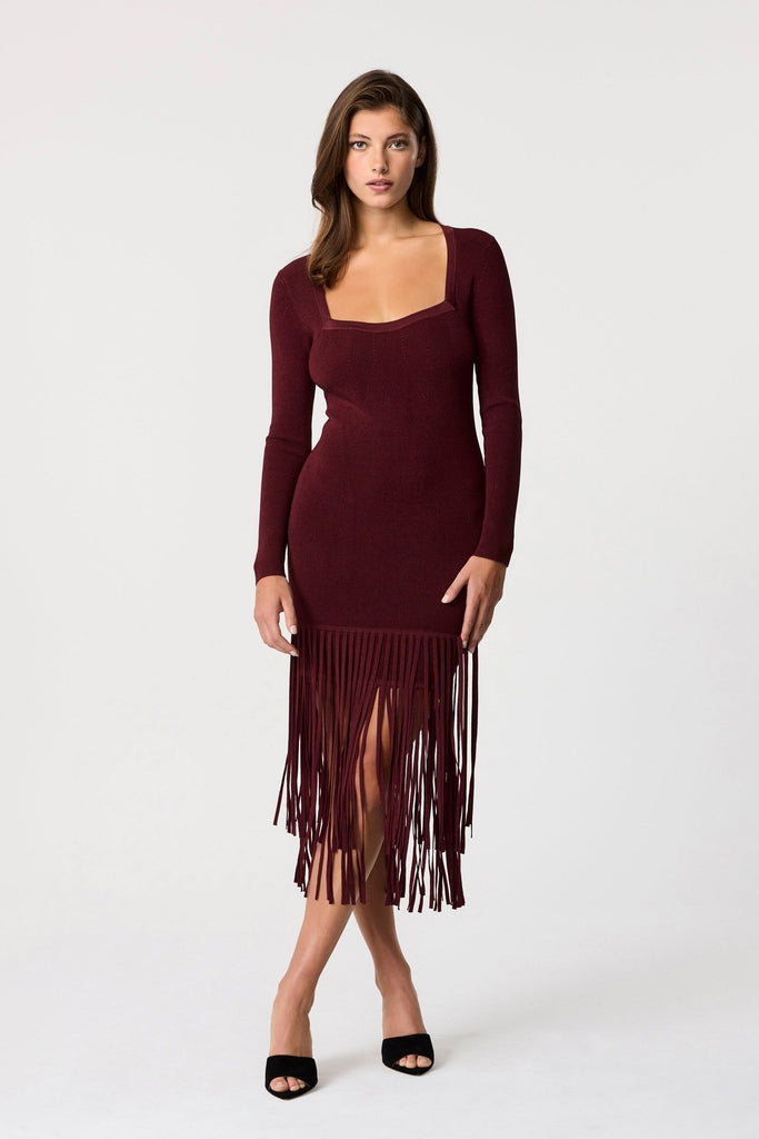 Mila Fringe Knit Midi Dress - Burgundy