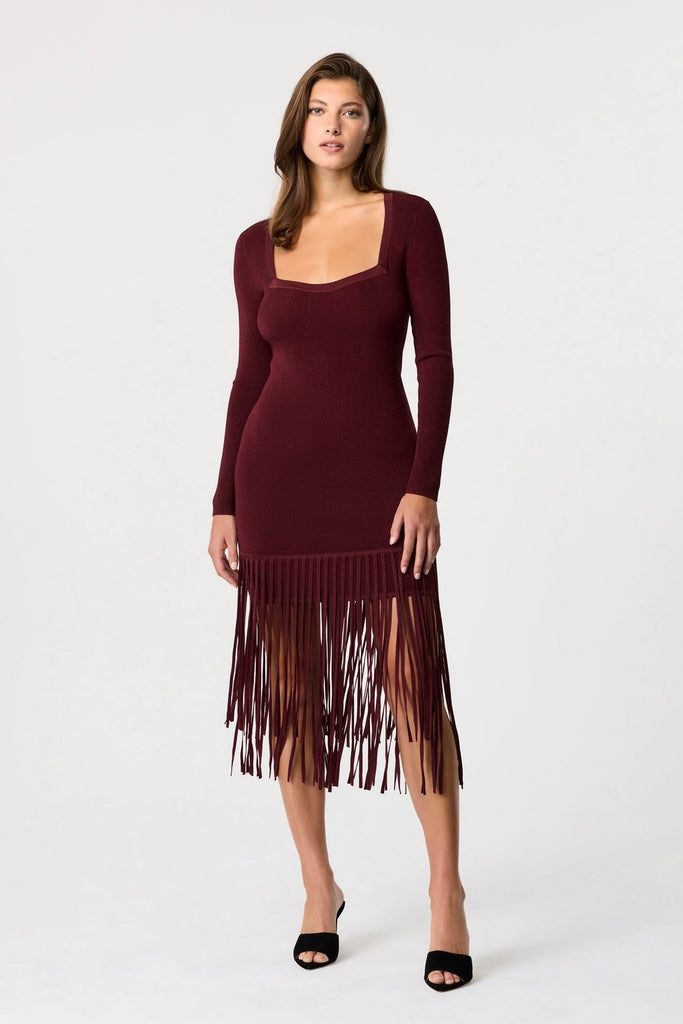 Mila Fringe Knit Midi Dress - Burgundy