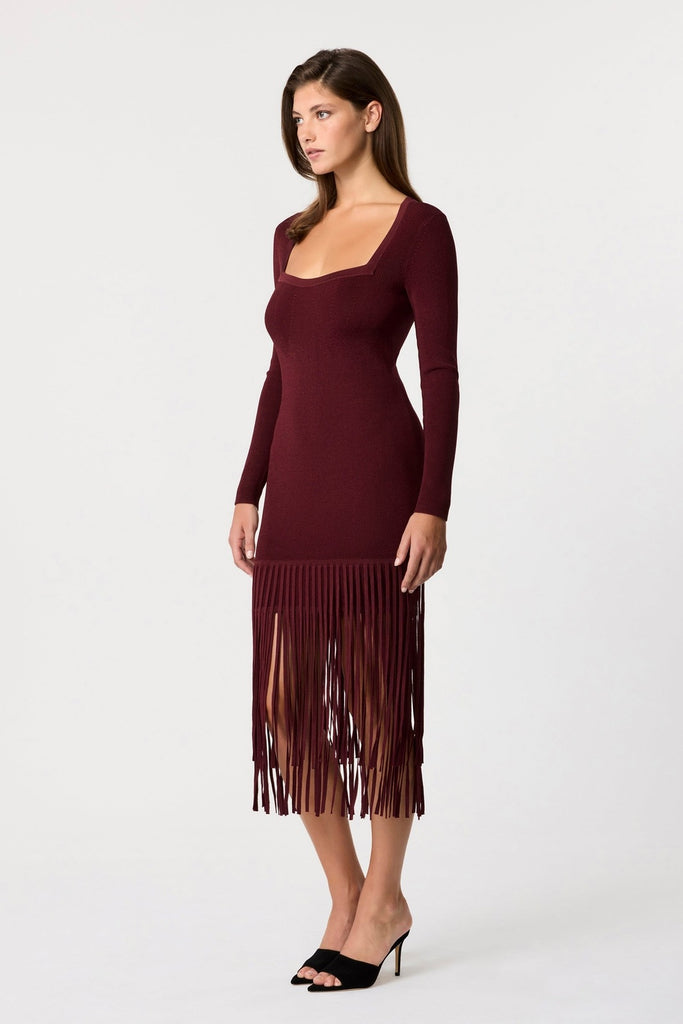 Mila Fringe Knit Midi Dress - Burgundy